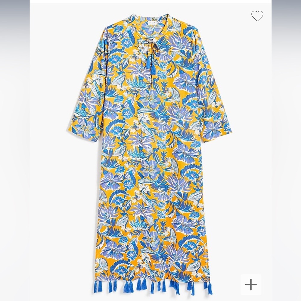J. Crew Yellow Floral Tie-Neck Swim Coverup with Blue Tassels